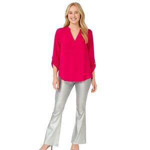 2/$30 Sugarmint Chiffon Bright Pink Chiffon Blouse Plunge V Neckline